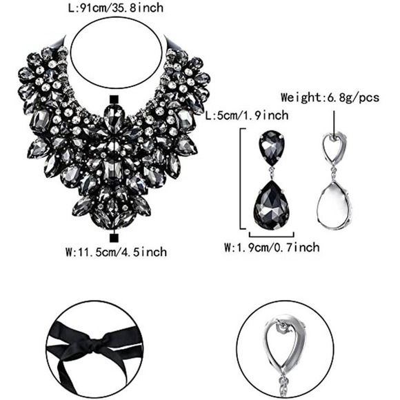Rhinestone Crystal Statement Necklace Earrings Set Black Cachoban Crystal Neckla - Picture 3 of 5